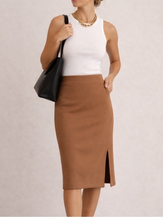 Nine West Dresses & Skirts - Nine West Camel Pull On Pencil Skirt Small | Stretch Knit Midi Work Minimalist